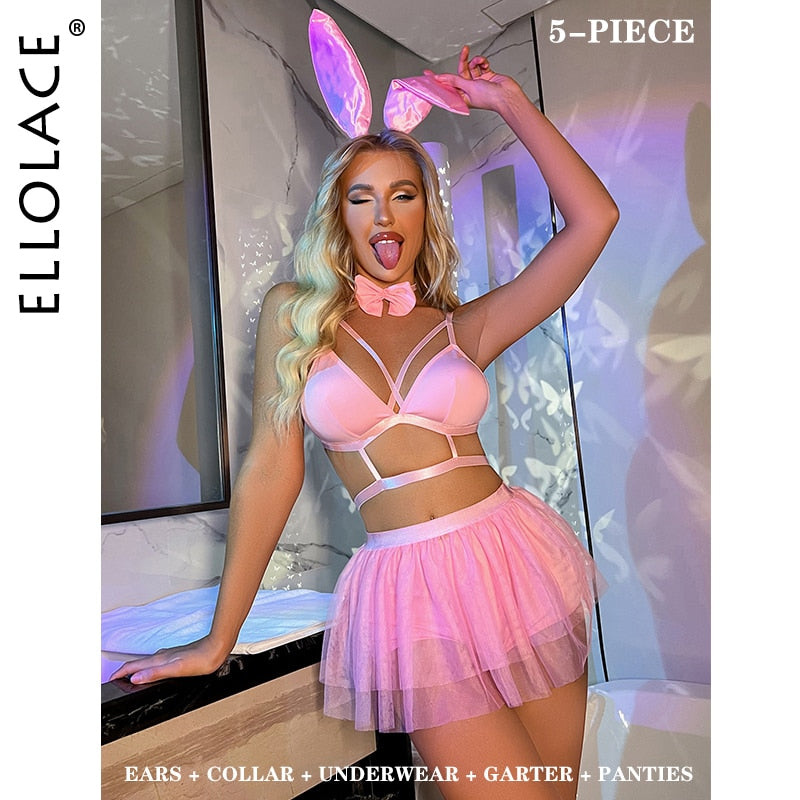 Ellolace Bunny Pink Lingerie Sexy Bubble Skirt 5-Piece Bright Exotic Sets Lace Nightclub Underwear Pole Dancing Ruffle Outfit
