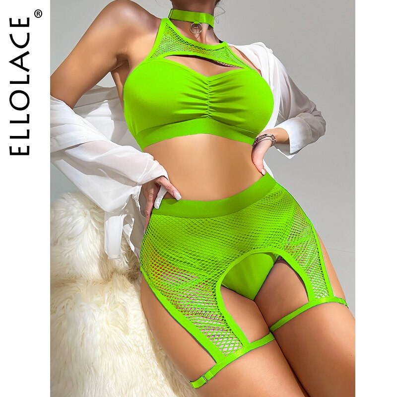 Sexy Fishing Net Patchwork 4-Pieces Bra And Panty Garters Sets