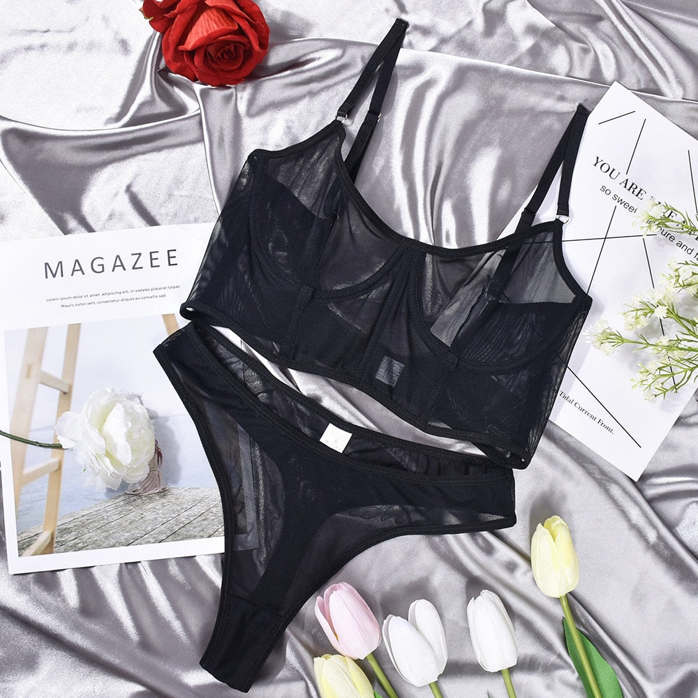Ellolace Lace Lingerie Sexy Underwear Solid Seamless Set Woman 2 Pieces See Through Bra And Panty Set Intimate Bilizna Costume