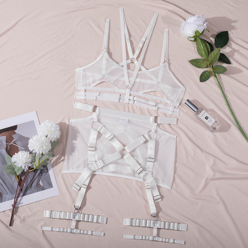 Ellolace Fine Lingerie Open Bra Sexy Underwear Uncensored 4-Piece Intimate Naked Woman Without Censorship Sheer Garter Belt Set