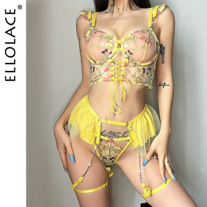 Ellolace Fancy Lingerie Sensual Luxury Exotic Sets Transparent Bra Set Woman 4-Pieces Sexy Fairy Lace Underwear Uncensored