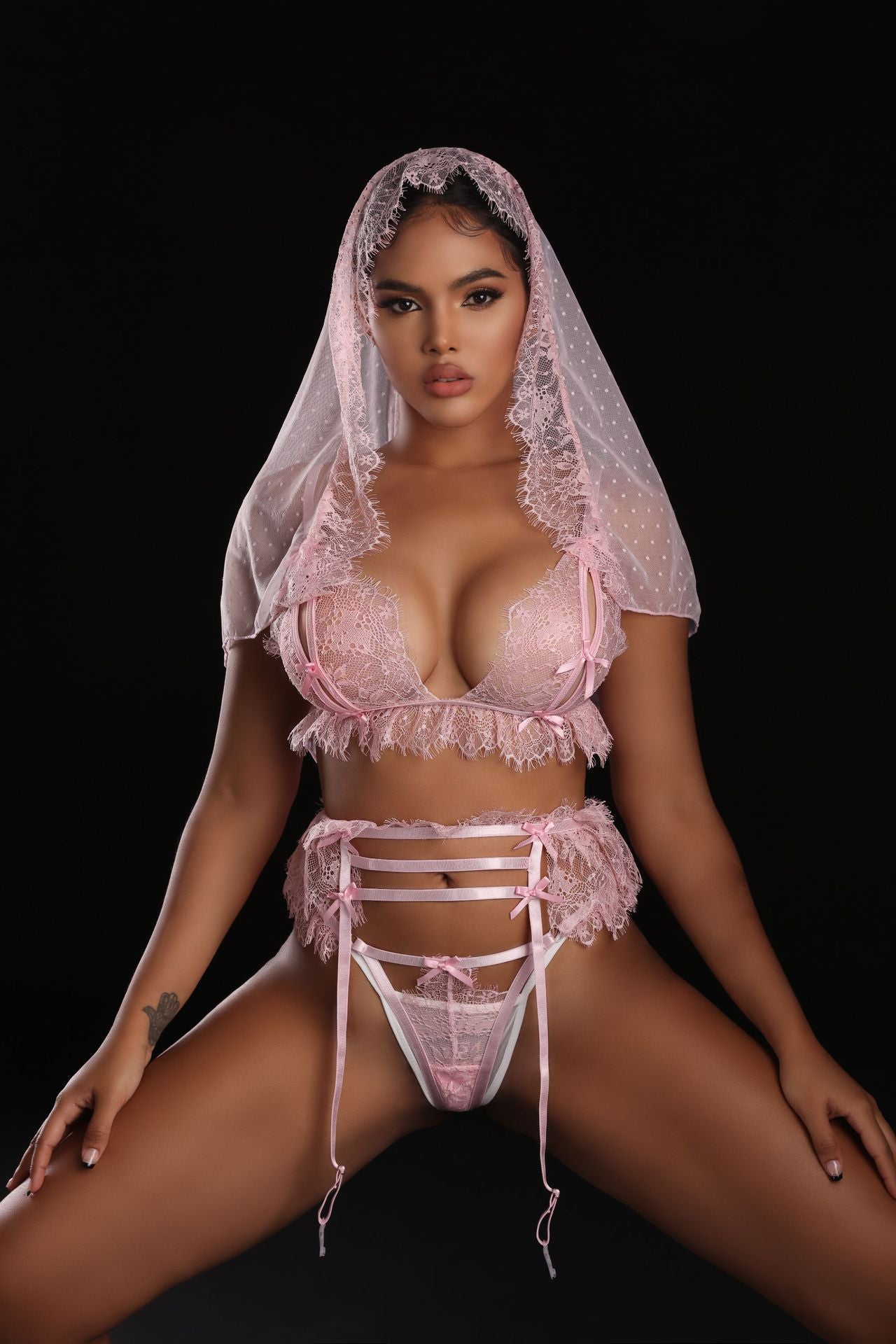 Open Bra Set 4-Piece Lace See Through