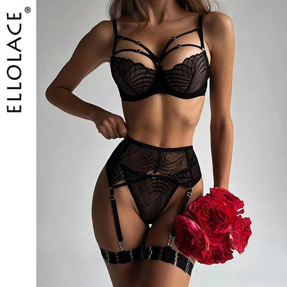 Ellolace Fancy Lingerie Transparent Erotic Lace Underwear Uncensored Bra Kit Push Up 4-Piece Delicate Garter Belt Set Outfits