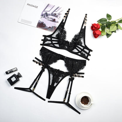 Jewel Shoulder Strap 3-Piece Garter Set Sexy Erotic Transparent Lace