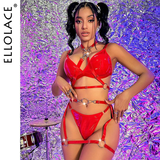 Ellolace Pu Leather Lingerie Fancy Metal Halter Belt Sensual Exotic Sets Briefs New Sexy Outfit Uncensored Intimate Night Club