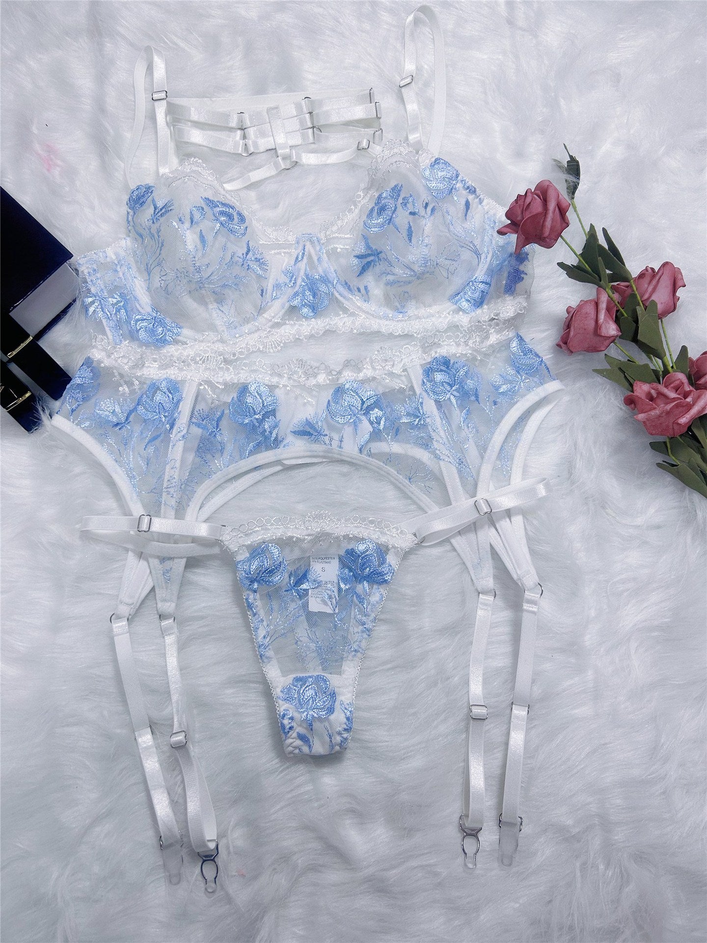 Ellolace Fancy Lingerie Sexy Delicate Transparent Bra Underwear 4-Piece Fairy Lace Luxury Embroidery Bilizna Set Garter Intimate