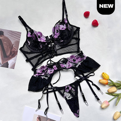 Erotic Sexy Bandage Transparent Bra Ruffle Garters Thongs 3-Piece Fancy