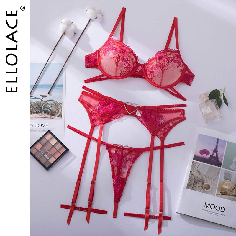 Ellolace Love Red Lingerie Sexy Bra And Panty Set 3-Pieces Luxury Lace Fancy Underwear Thongs Garters Erotic Intimate Set