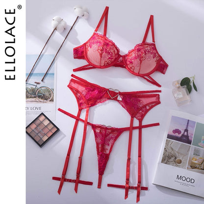 Ellolace Love Red Lingerie Sexy Bra And Panty Set 3-Pieces Luxury Lace Fancy Underwear Thongs Garters Erotic Intimate Set