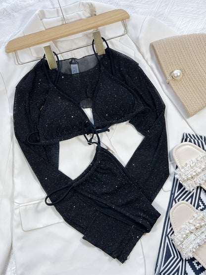 Micro Erotic Swimsuit New Black Glitter Separate Swimwear And Crop Top Long Sleeve Harajuku Full Bikini