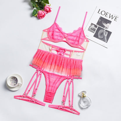 Ellolace Pink Bright Lingerie Erotic Female Underwear Ruffle Transparent Fancy Intimate Lace Garter Belt 3-Piece Exotic Sets