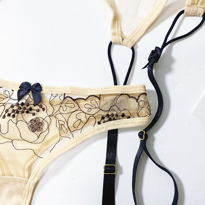 Ellolace Lingerie Sexy Transparent Bra Underwire Sheer Hot Porn Erotic Costumes Bowknot Floral Embroidery Garters Exotic Sets