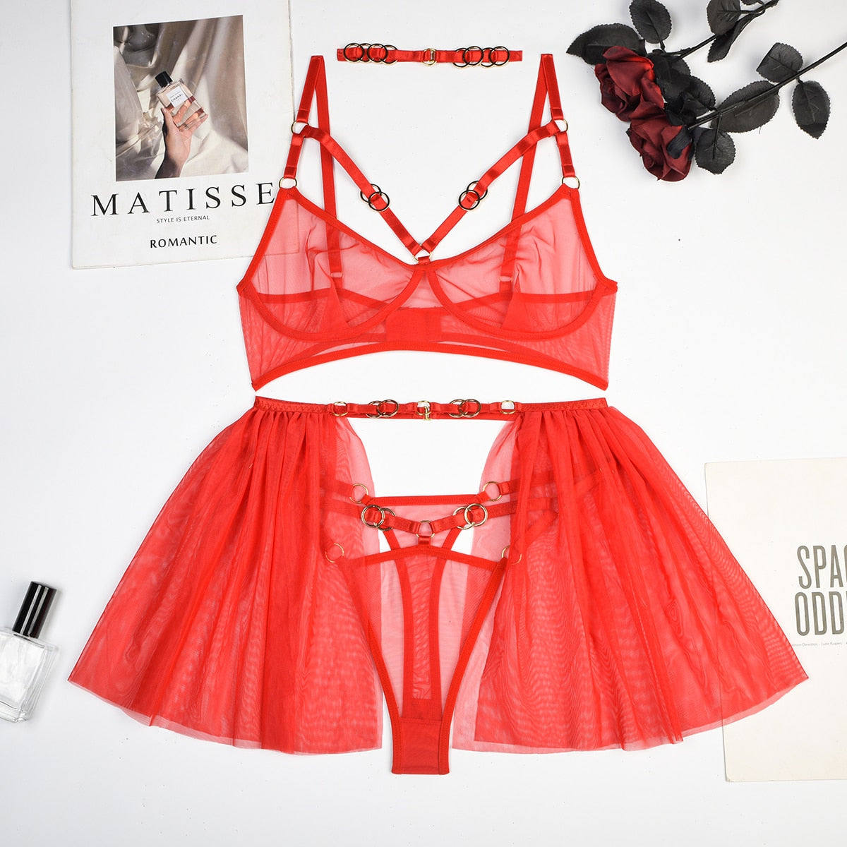 Ellolace Valentine's Day Lingerie Red Fancy Underwear Uncensored Lace Transparent Bra Ruffle Garter Fetish Bilizna Intimate