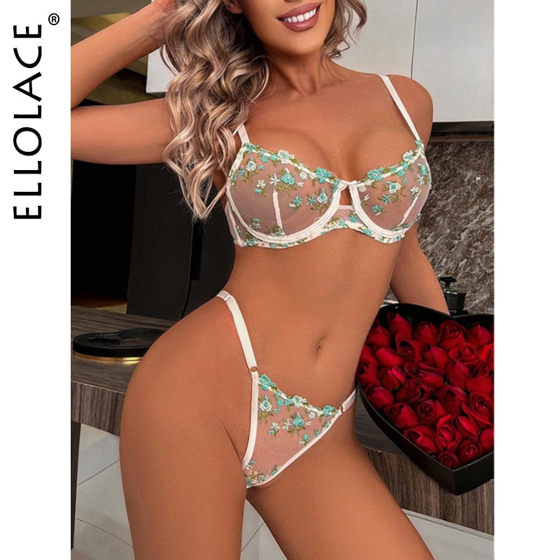 Ellolace Female Floral Lingerie Porn Underwear Uncensored Transparent Embroidery Set Woman 2 Pieces Intimate Luxury Lace Outfit