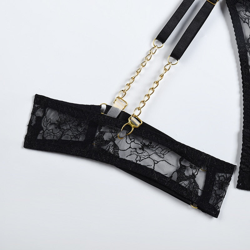 Lace Sexy Transparent Bra Panty Sets With Chain Sets 4-Piece