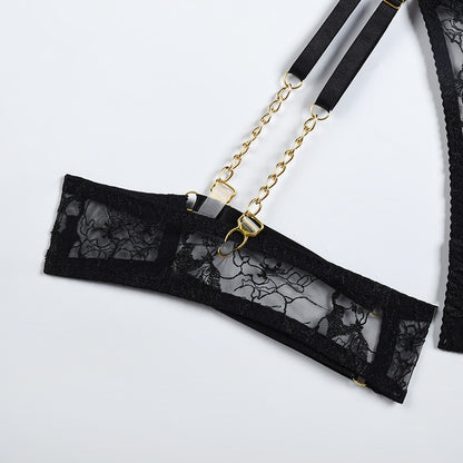 Lace Sexy Transparent Bra Panty Sets With Chain Sets 4-Piece