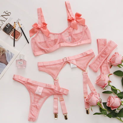 Ellolace Sexy Neon Lingerie With Socks Lace Bowknot Transparent Underwear Sheer Mesh 5-Pieces Hot See Through Exotic Sets