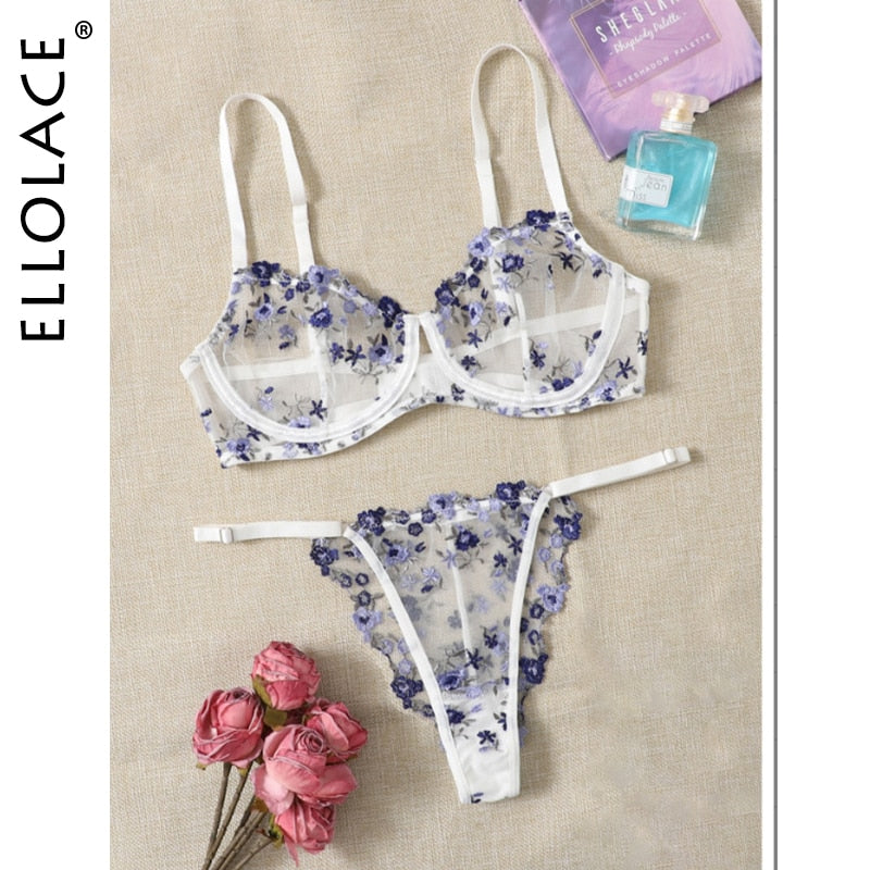 Ellolace Female Floral Lingerie Porn Underwear Uncensored Transparent Embroidery Set Woman 2 Pieces Intimate Luxury Lace Outfit