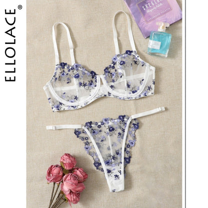 Ellolace Female Floral Lingerie Porn Underwear Uncensored Transparent Embroidery Set Woman 2 Pieces Intimate Luxury Lace Outfit