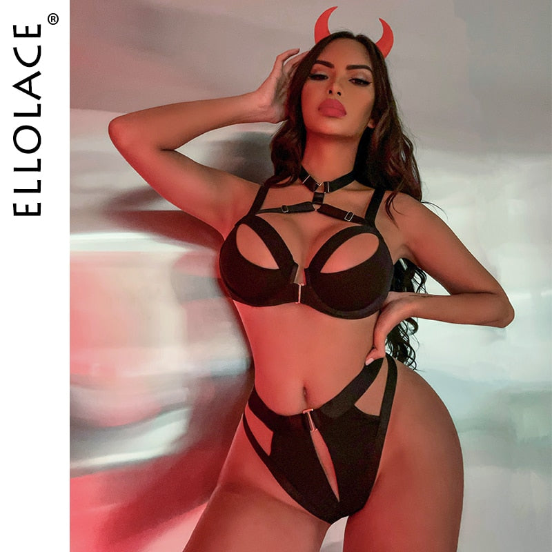 Ellolace Sexy Open Lingerie Halloween Cutting Underwear Halter Bra Thongd Uncensored 2-Piece Intimate Woman Sensual Exotic Sets