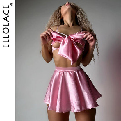 Ellolace Fancy Satin Lingerie Outfit Open Bra Bowknot Set Woman 5 Pieces Garter Dress Intimate Sexy Fine Exotic Sets