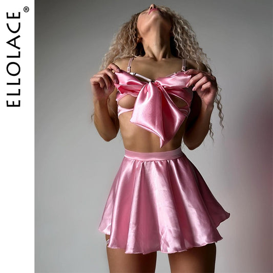 Ellolace Fancy Satin Lingerie Outfit Open Bra Bowknot Set Woman 5 Pieces Garter Dress Intimate Sexy Fine Exotic Sets