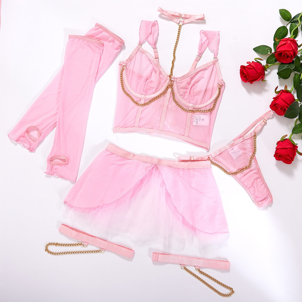 Ellolace Light Pink Lace Lingerie Gril Sexy Ruffle Underwear Halter Intimate Outfits With Long Sleeve Bilizna New In Erotic Set