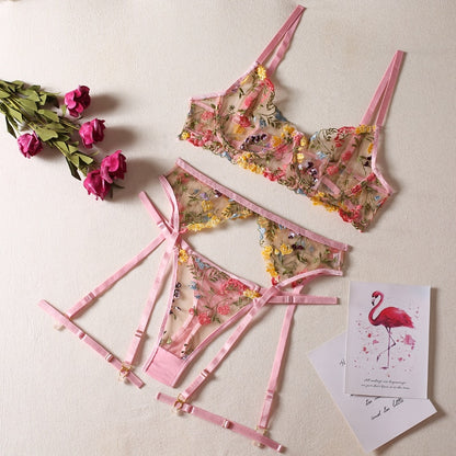 Lace Transparent Embroidery 3-Piece Garters Short Skin Care Kits