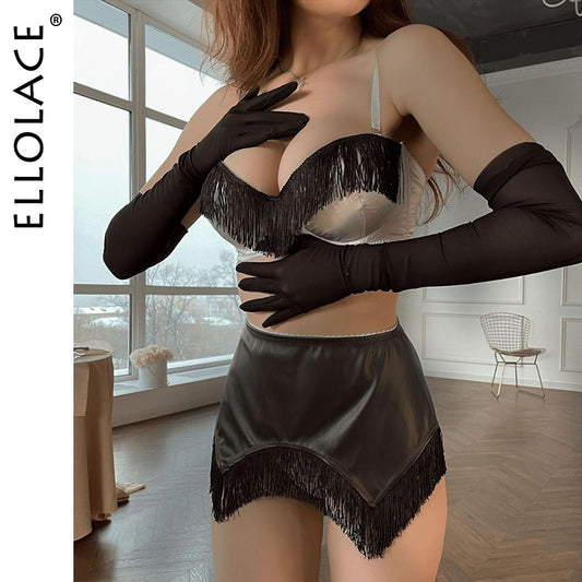 Ellolace Tassel Lingerie Fairy Silk Underwear Delicate Push Up Seamless Brief Garter Belt Set Splicing Sexy Wetlook Intimate