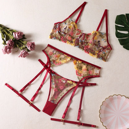 Lace Transparent Embroidery 3-Piece Garters Short Skin Care Kits