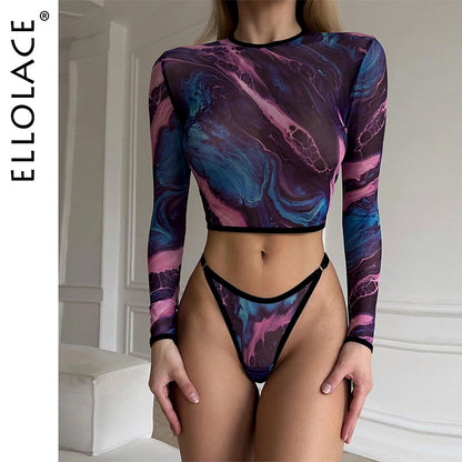 Ellolace Tie Dye Lingerie With Long Sleeve Tops Lace See Through Sensual Erotic Sets 4-Piece Sexy Seamless Erotic Underwear