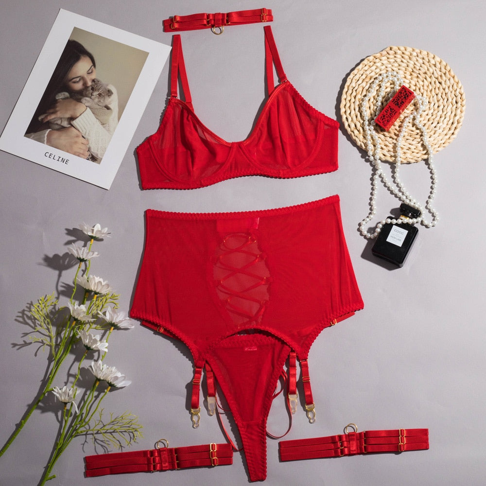 Ellilace Red Sissy Fetish Lingerie Lace Up Bandage Garter Underwear Valentine's Day Sexy Costume Fantasy Intimate 6-Piece