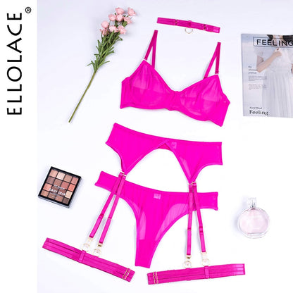 Set 4 Pieces Sexy Erotic Bra Garters Brief Sets Transparent Lace Blue