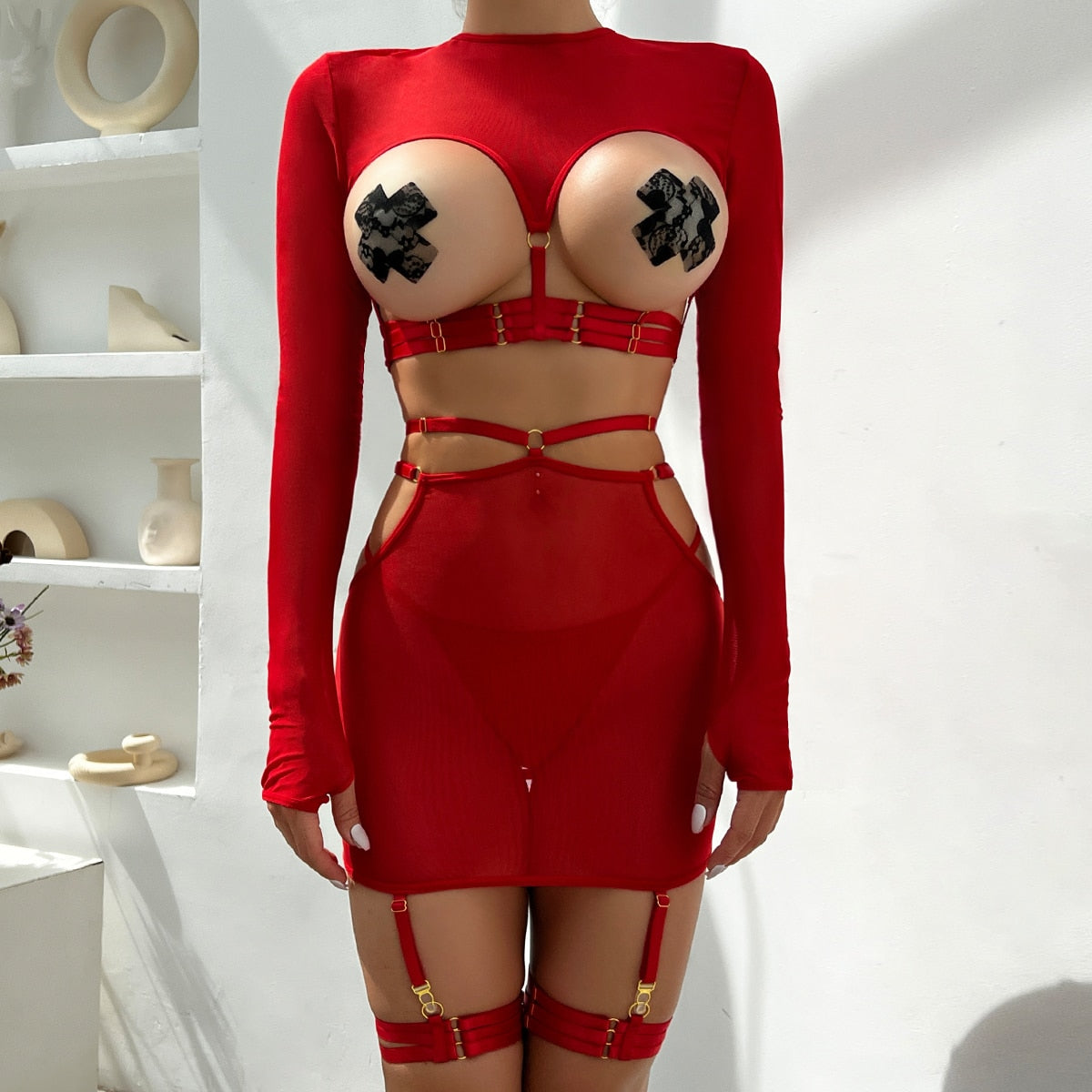 Hollow Long Sleeve Top Garter g-String Thongs And Playing Erotic Sets