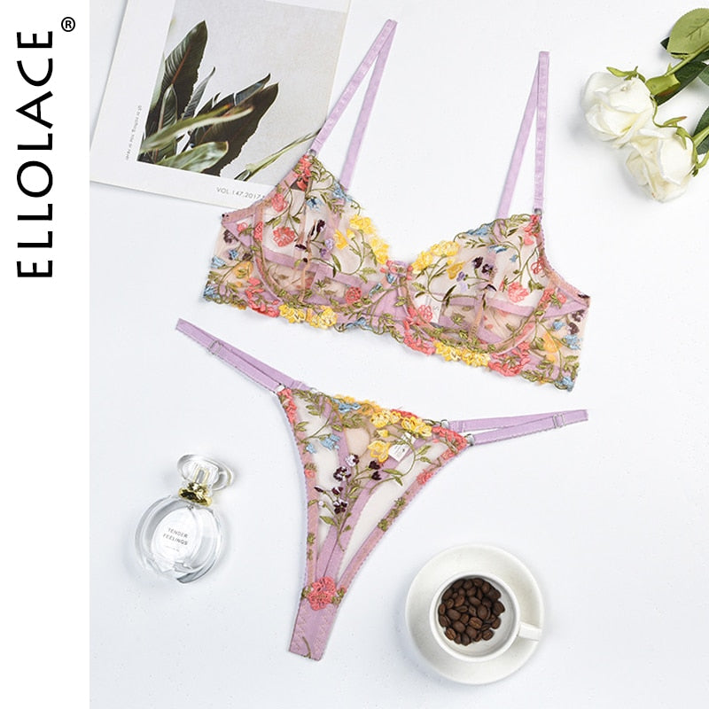 Sexy Lace Set 2 Pieces Transparent Embroidery Erotic Bra And Panty Set