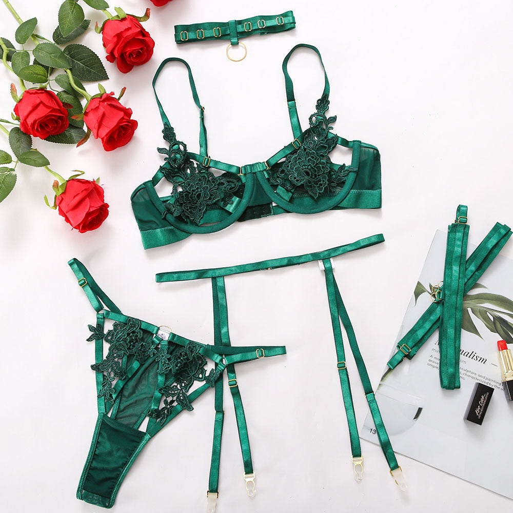 Ellolace Sensual Female Lingerie Hollow Porn Sexy Breast Open Underwear Erotic Sissy Lace Intimate 5-Piece Set Uncensored