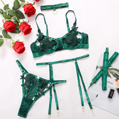 Ellolace Sensual Female Lingerie Hollow Porn Sexy Breast Open Underwear Erotic Sissy Lace Intimate 5-Piece Set Uncensored