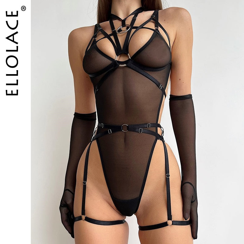 Ellolace Sheer Lace Bodysuit With Garter Halter Bandage Backless Exotic Lingerie Body Seamless Tights Black Tulle Teddy Tops