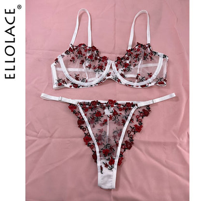 Ellolace Female Floral Lingerie Porn Underwear Uncensored Transparent Embroidery Set Woman 2 Pieces Intimate Luxury Lace Outfit