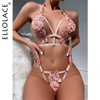 Ellolace Floral Lingerie Sensual Erotic Outfits Hollow Bra Set Women 2 Piece Lace Fancy Underwear Uncensored G-String Intimate