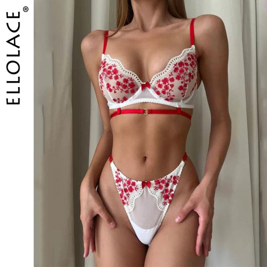 Floral Embroidery Fully Transparent Lace Set 2 Pieces Bra