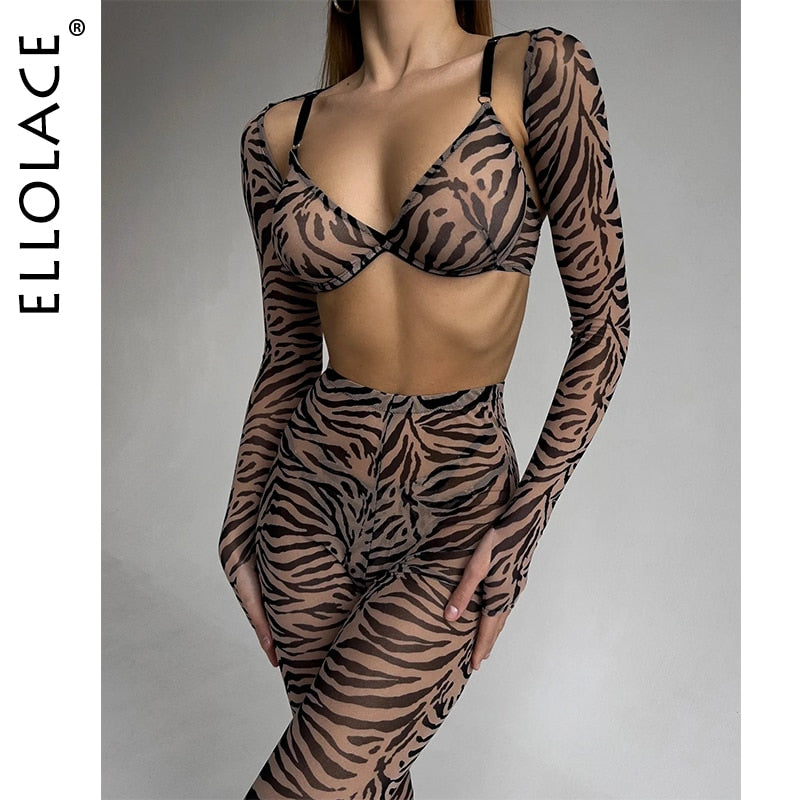 Ellolace Zebra Erotic Lingerie For Full Crop Top Tight Outfit Transparent Sheer Lace Seamless Intimate G-String Briefs Sets