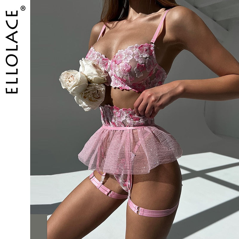 Ellolace Fancy Lingerie Fairy Ruffle Underwear 3-Piece Fine Luxury Embroidery Erotic Outfit Floral Delicate Garter Bilizna Set