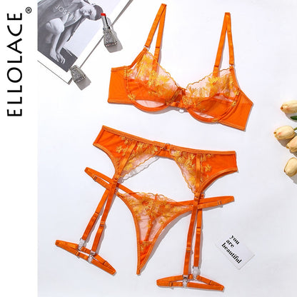 Ellolace Lace Embroidery Lingerie Sexy Transparent Underwear Erotic 3-Piece Orange Mesh Bra Short Skin Care Kits Bilizna Set