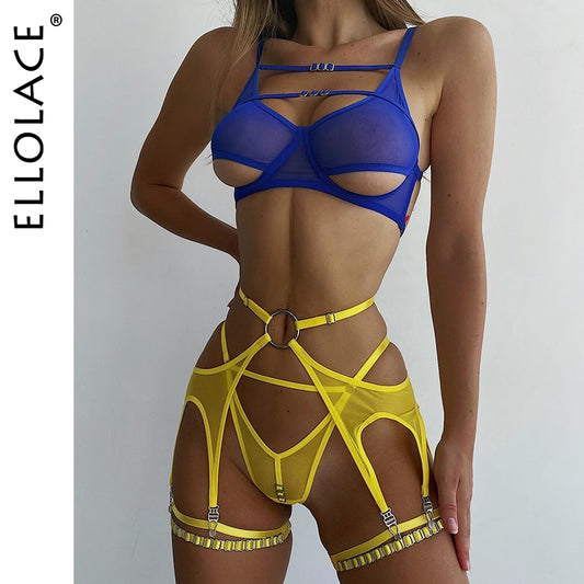 Ellolace Hollow Out Female Lingerie Naked Women Without Censorship Erotic 5-Piece See Through Lace Sexy Porn Suits Garter Outfit
