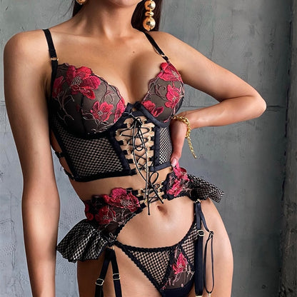 Erotic Sexy Bandage Transparent Bra Ruffle Garters Thongs 3-Piece Fancy