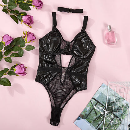 Latex Bodysuit WIth Collar Mesh Patchwork Silicone Leather Open Crotch Top Black Teddy