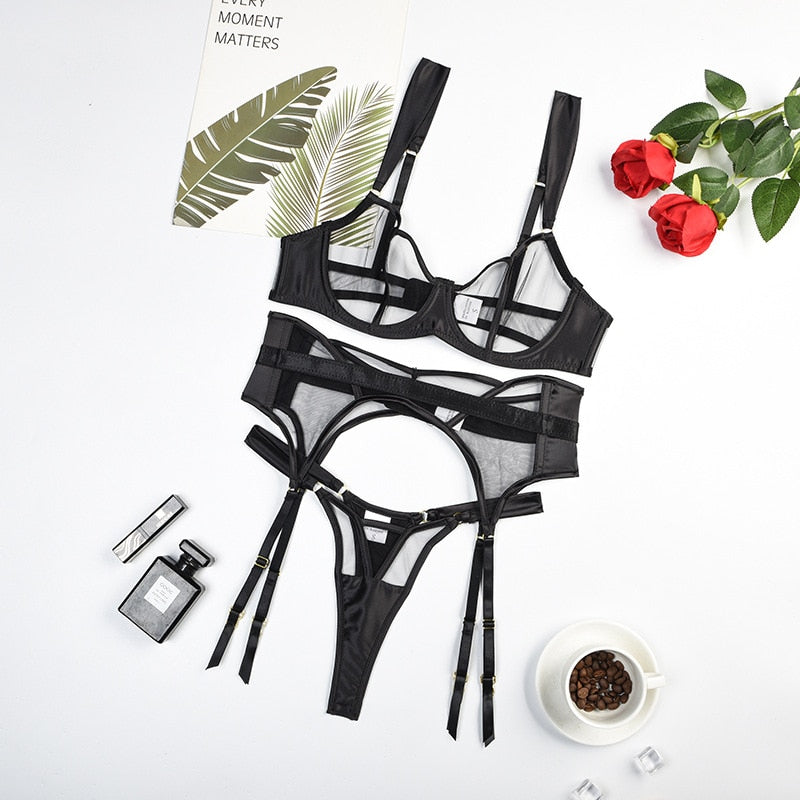 Sexy Transparent Lace Bra Kit Push Up Set 3 Pieces Garters Sets