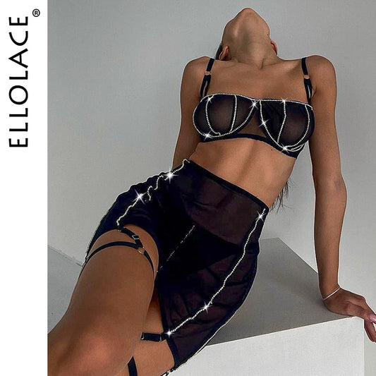 Ellolace Rhinestone Lingerie Luxury Fancy Underwear Bra Kit Push Up Erotic Brief Sets With Showing Buttocks Skirt Sensual Outfit