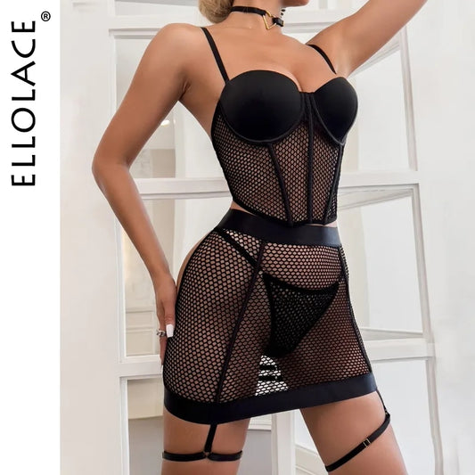 Ellolace Erotic Fishnet Lingerie Seamless Corset Outfits See Through Garter Brief Set Padded Bra Sexy Fancy Underwear 4-Piece